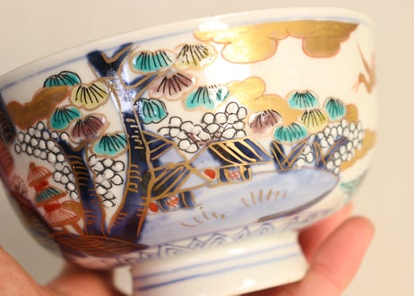 明治前期色絵山水図通り物飯茶碗② 少甘手