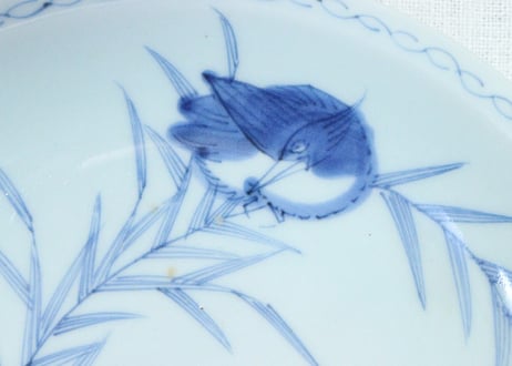 江戸幕末染付芦に鳥と籠目図7寸皿①