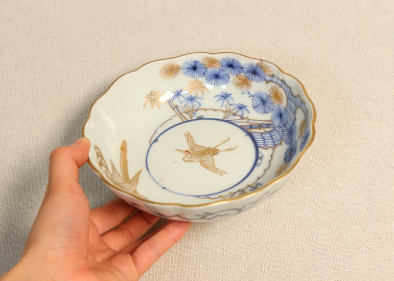 江戸幕末金彩染付松竹梅に鶴亀図なます皿②フリモノ | 吉祥寺PukuPuku