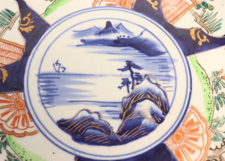 明治前期色絵山水と菊図7寸皿