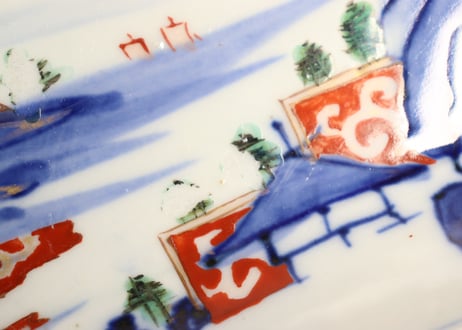 明治前期色絵山水図長角皿② 釉剥げ
