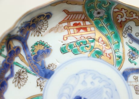 明治前期色絵鶴と松竹梅図通り物小皿