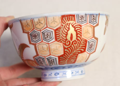 明治前期色絵芭蕉と亀甲図飯茶碗 釉剥げ