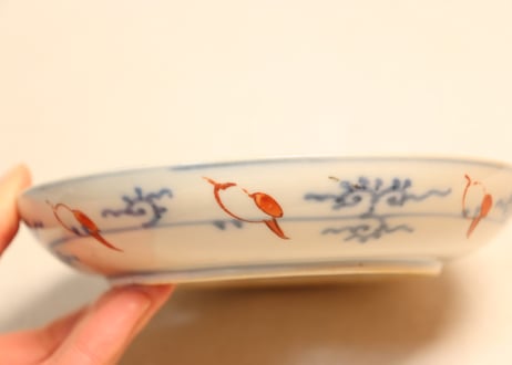 明治前期色絵三方に芭蕉と菊図5寸皿