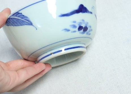 明治後期～大正染付山水に芭蕉図蒸茶碗