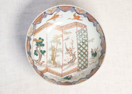 明治前期色絵松竹梅に鶴図8寸鉢