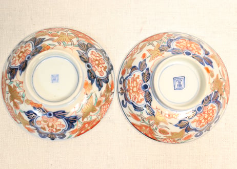 明治前期色絵芦に鳥と牡丹図通り物飯茶碗