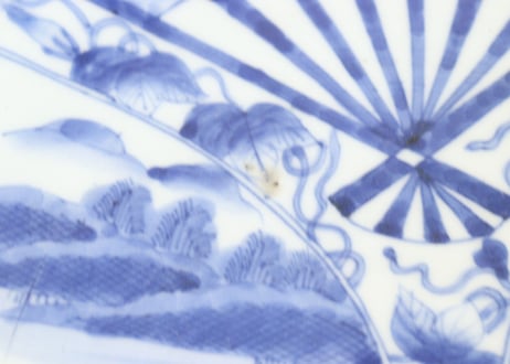 江戸幕末染付牡丹に人物他四方に割絵図大皿(深皿) ノミホツ