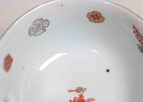 明治前期色絵網手に鶴と梅に鶯図通り物飯茶碗