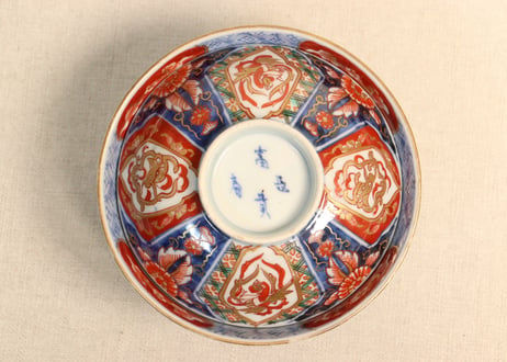 明治前期色絵四方に龍と鳳凰図通り物飯茶碗