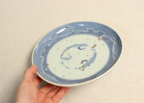 江戸後期染付三方に貝と波図６寸皿②薄め フリモノ