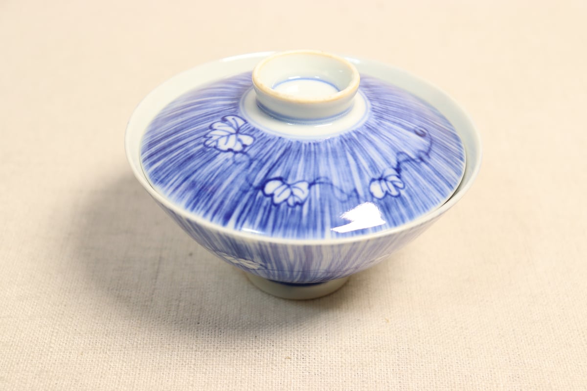 大正～昭和戦前染付縦縞に蔦図蓋茶碗① 濃いめ | 吉祥寺PukuPuku