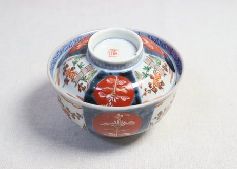 明治前期色絵桃と竹梅図通り物飯茶碗　蓋フリモノ