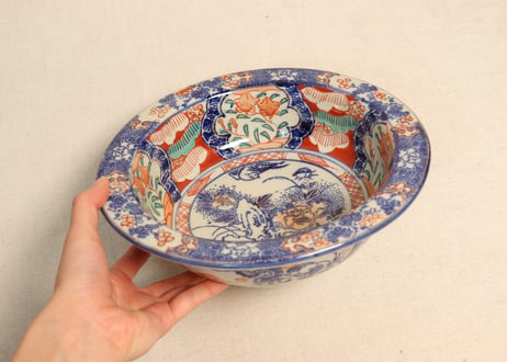 明治後期~大正紙刷色絵牡丹に鳥図三ツ組鉢