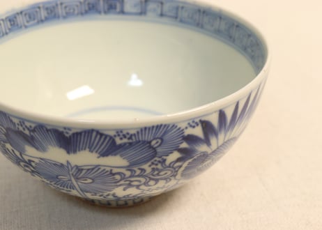 江戸幕末染付線描き三方に花図蓋茶碗 5客組