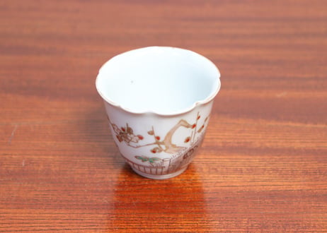 江戸中期色絵芝垣に梅と鶯図輪花向付 五客組 1ヶノミホツ