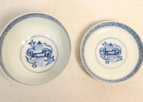 明治前期色絵四方に水仙図蓋茶碗　５客組　蓋窯傷,ノミホツあり