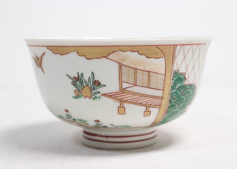 明治前期色絵網手に鶴と梅に鶯図通り物飯茶碗