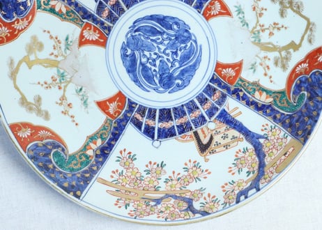 明治前期色絵桜と御所車図尺３寸尺皿