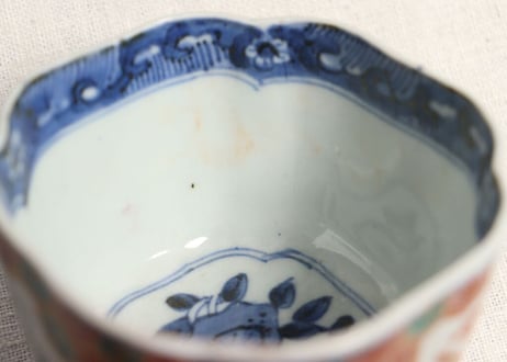 明治前期色絵松竹梅に亀甲図角向付 釉剥げ