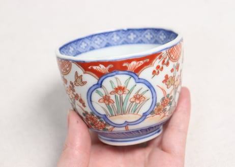 明治前期色絵梅に鶯と菖蒲図通り物向付　フリモノ