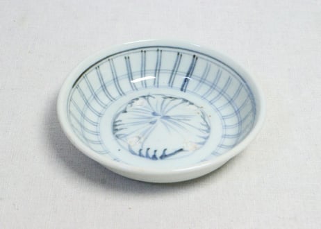 江戸幕末染付格子文図なます皿　膨れ