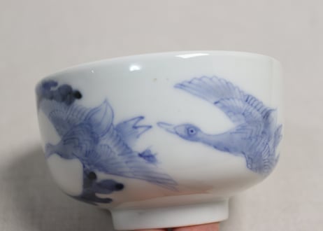 明治前期染付月に鳥図湯呑　黒点,フリモノ