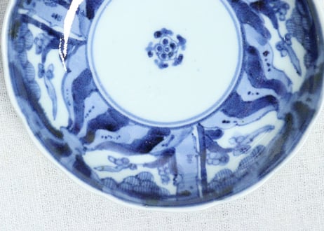 江戸中期染付樹木に草花図なます皿　小かたつき