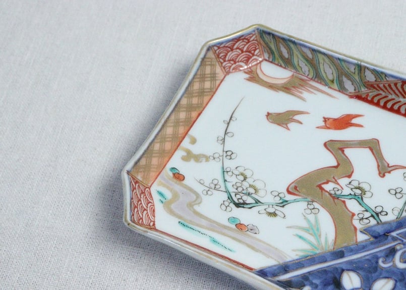 昭和初期 色絵『秋草野弁当団扇文』三つ足懐石大長皿(8客) 盛り皿豆長皿(8客) 昭和初期 色絵『秋草野弁当団扇文』三つ足懐石大長皿(8