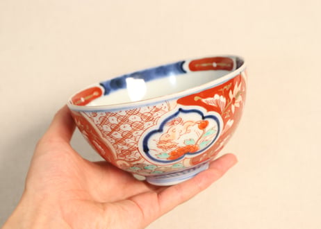 明治前期色絵獅子牡丹と幾何学文図飯茶碗①