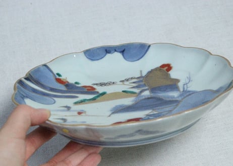 江戸中期色絵山水図7寸皿③　釉剥げ,ノミホツ