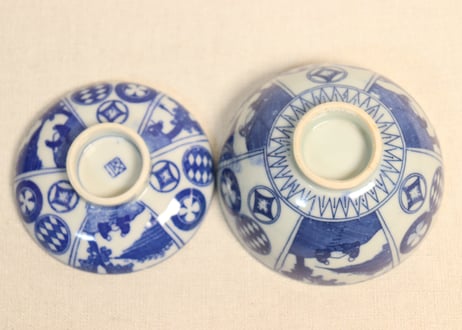 明治後期～大正銅判丸と山水人物図蓋茶碗
