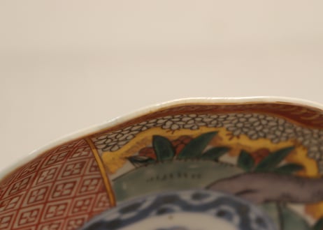 明治前期色絵桜に万年青図通り物7寸皿②少甘手