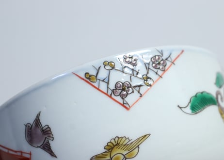 明治前期色絵麒麟に花鳥図蒸茶碗  フリモノ