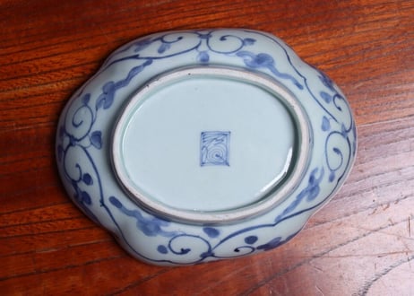 江戸中期紙刷古印判縁側に松図木瓜型皿①