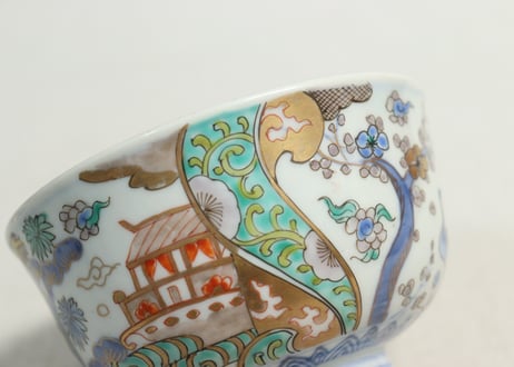 明治前期色絵鶴と松竹梅図通り物飯茶碗
