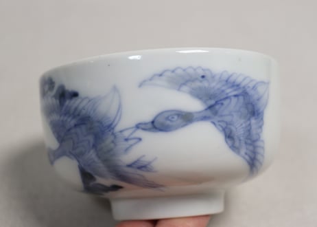 明治前期染付月に鳥図湯呑　黒点,フリモノ