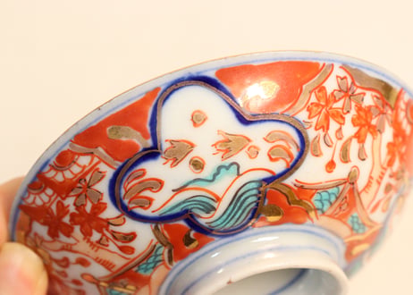 明治後期～大正色絵桜と波千鳥図通り物飯茶碗