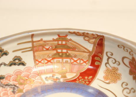 明治前期色絵松に楼閣と丸文十二角縁6寸鉢