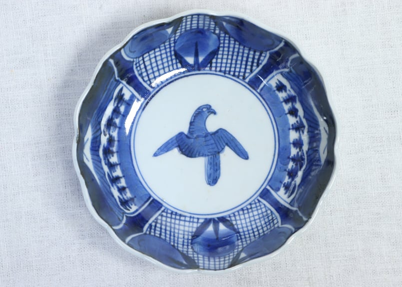 江戸幕末染付富士と鷹に茄子図なます皿 1客少甘手 5客組