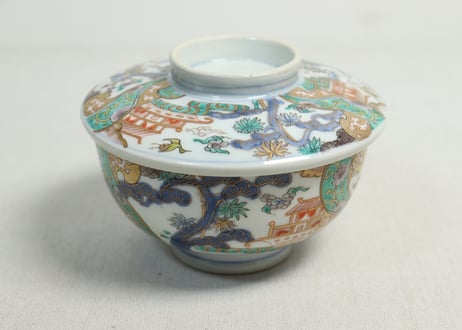 明治前期色絵鶴と松竹梅図通り物蒸茶碗