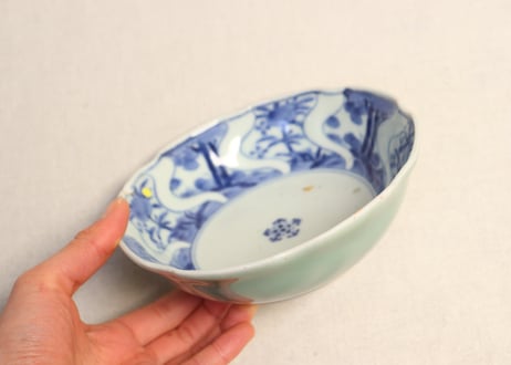 江戸中期青磁染付草花図なます皿③ ホツ