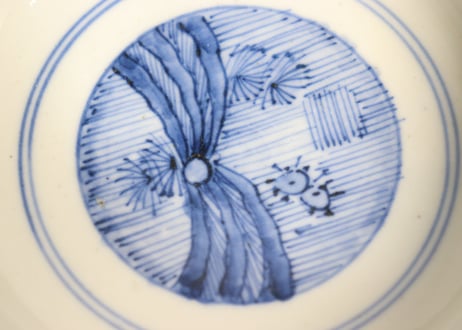 明治前期色絵梅と人物と青玉図蒸茶碗 5客組
