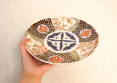 明治前期色絵扇面に竹と牡丹図8寸皿