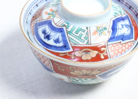 江戸幕末色絵松竹梅と幾何学文割絵蓋茶碗