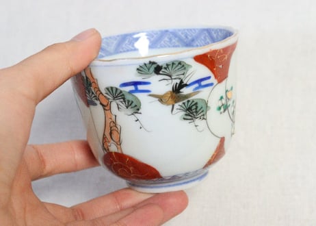 明治後期～大正銅判色絵竹林雀と松鶴図向付
