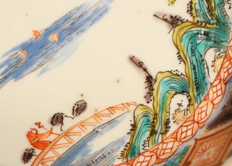 明治前期色絵山水図縁立六弁5寸皿