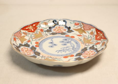 明治前期色絵芦に鳥と牡丹図通り物7寸皿①