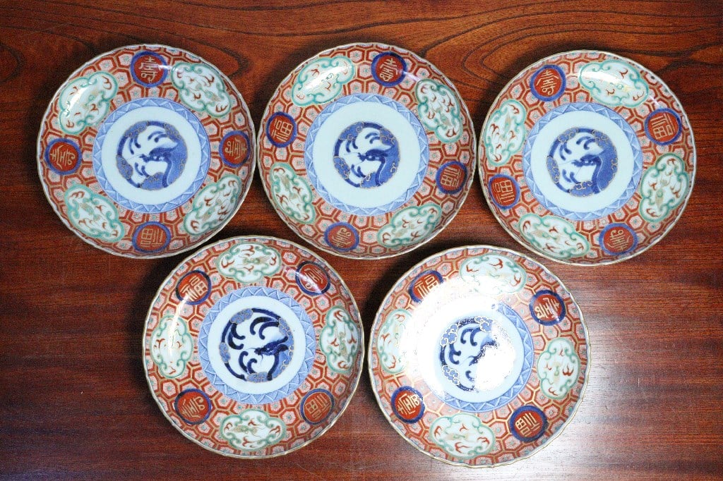 江戸中期色絵団龍と寿文字に亀甲文7寸皿 5客組 1客少甘手 | 吉祥寺