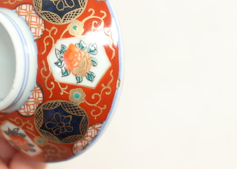 江戸幕末色絵牡丹と青玉図通り物飯茶碗